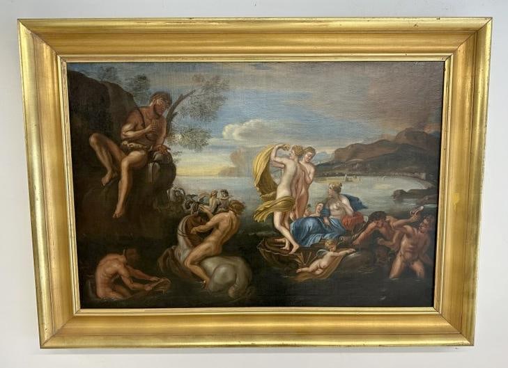 19th c o/c classical landscape scene with nude and partially dressed men & women rejoicing, with: 19th c o/c classical landscape scene with nude and partially dressed men & women rejoicing, with river and mountains in background, unsigned, relined and on later stretcher. Painting measures 25.5" x 