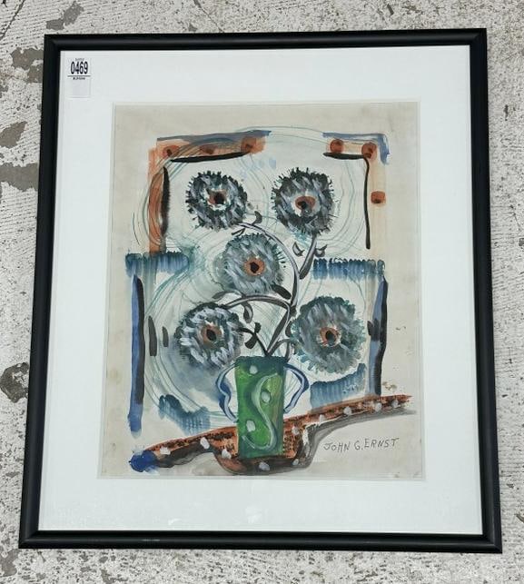 John G. Ernst (1920 - 1995)  watercolor still life in black frame and matted, signed lower right. (1 of 4)