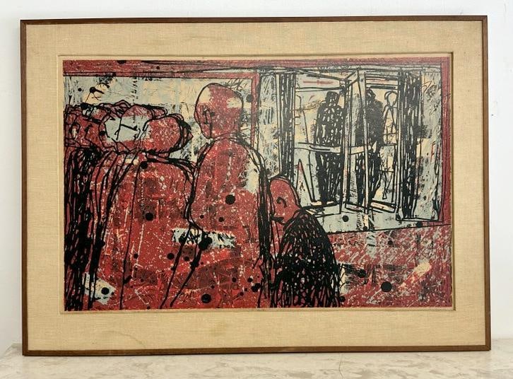 Jack Perlmutter (1920 - 2006) signed Mid Century largelithograph titled ( REVOLVING DOOR ), signed (1 of 4)