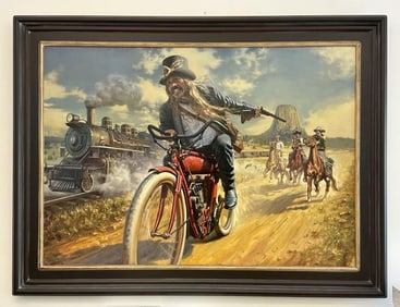 Rare David Uhl ( b 1961 ) original oil on canvas painting titled ( THE IRONHORSE HEIST ), circa