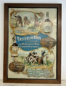 HASTERLIK BROS. Distillers 19th c tin lithograph sign in original oak frame, from the Corporate