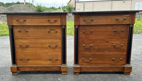 Pr. Wonderful Italian black marble top chests with columned fronts and brass trim. Satinwood veneer,