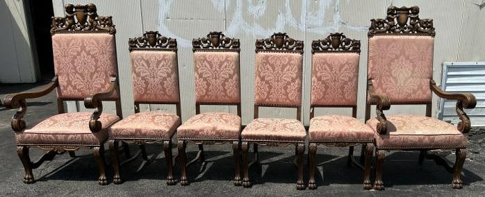 Set (6) circa 1900 heavily carved oak dining chairs, includes (2) armchairs with cherubs on top, (1 of 4)
