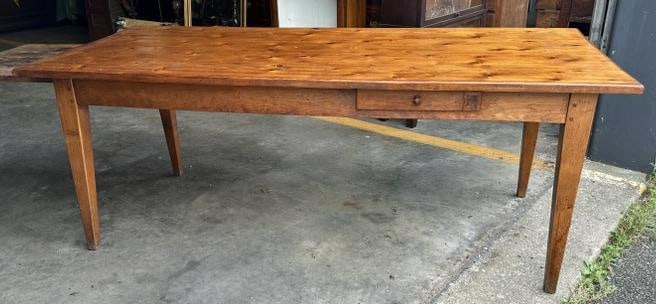Very nice country pine farm table with tapered legs, one drawer on one side and pullout extension on (1 of 6)