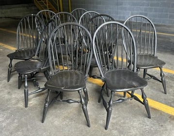 Set (10) Windsor style black chairs made by WARREN CHAIR WORKS in Warren Rhode Island. In nice