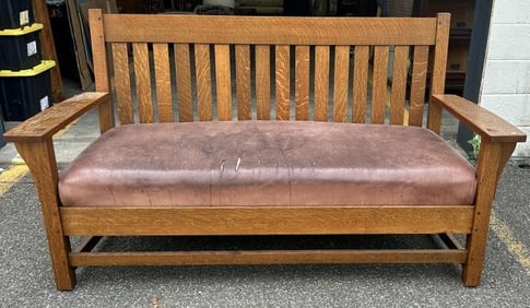 L & JG Stickley mission oak settee, from Brooklyn, N.Y. estate, leather cushion ( with some rips and
