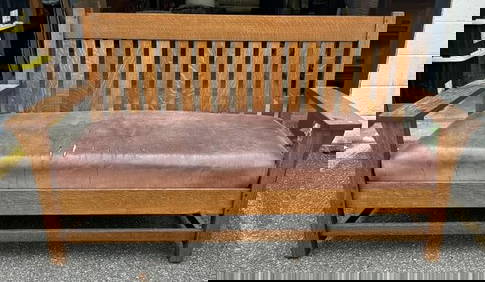L & JG Stickley mission oak settee, from Brooklyn, N.Y. estate, leather cushion ( with some rips and (1 of 7)