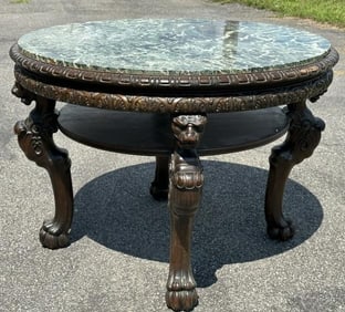 Circa 1910 round marble top table with griffins on base, green marble in nice estate condition, from