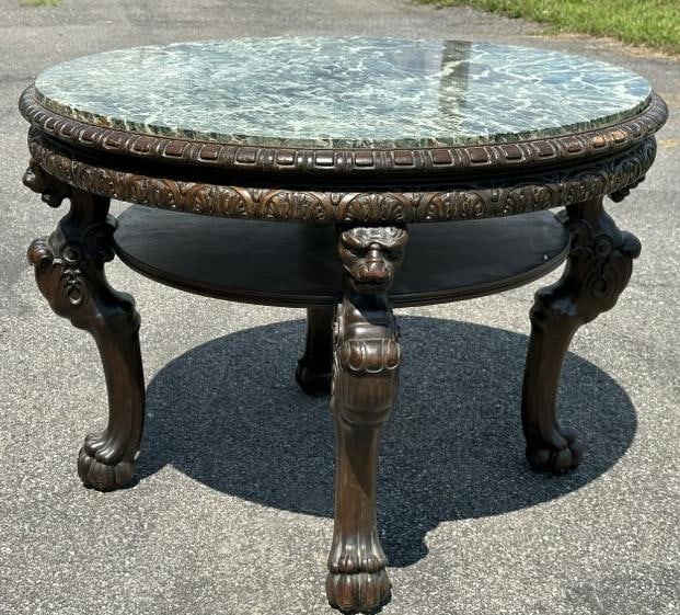 Circa 1910 round marble top table with griffins on base, green marble in nice estate condition, from (1 of 4)