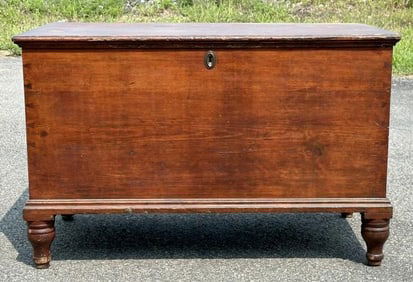 19th c pine dovetailed blanket box with till intact inside, nice old finish, from Hudson Valley