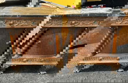 Pair decorative marble top satinwood stands with columns on fronts, from Boston estate we are