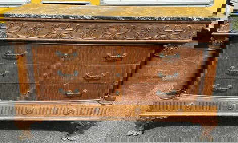 Nice satinwood marble top decorative chest of drawers, with columns and carvings on front. From