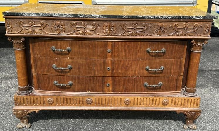 Nice satinwood marble top decorative chest of drawers, with columns and carvings on front. From (1 of 7)