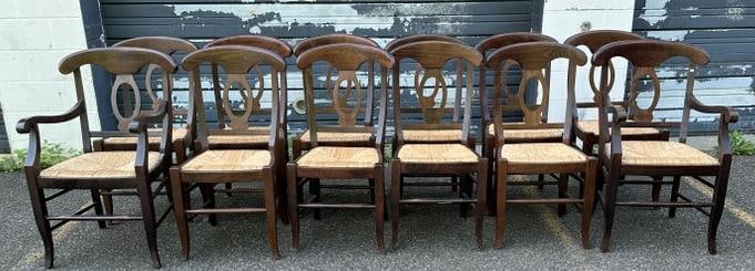 (12) quality decorative rush seat dining chairs, from Dutchess County farmhouse, used around large