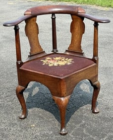 18th c corner chair with needlepoint seat, from fine estate in Hudson Valley, pegged construction,
