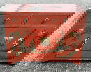 Red Chinese lacquered small chest, in nice estate condition, nice detail, measures 24" wide x 11.75"