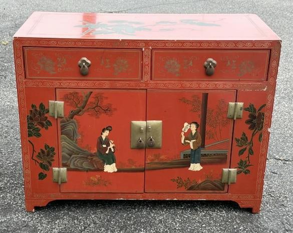 Red Chinese lacquered small chest, in nice estate condition, nice detail, measures 24" wide x 11.75" (1 of 4)