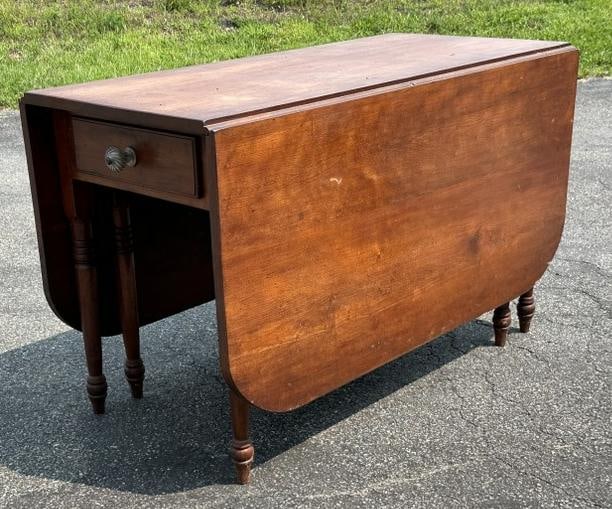 19th c cherry long leaf dropleaf table with one drawer and sandwich glass knob, from Hudson Valley (1 of 7)