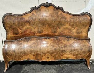 Fabulous burl bed, headboard & footboard, with rails, nice estate condition, great form, vibrant