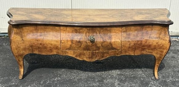 Low one drawer burl stand, very nice estate condition, possibly Italian, from estate in Boston we