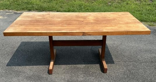 Quality made butcher block dining table, from Hudson Valley country weekend home, structurally