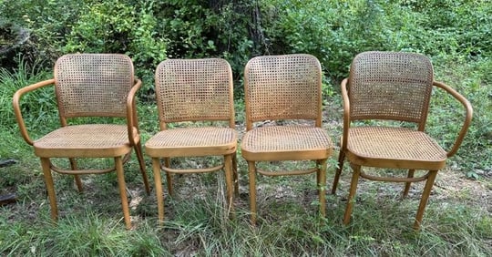 (4) older nice condition bentwood caned chairs including (2) armchairs, marked POLAND underneath,