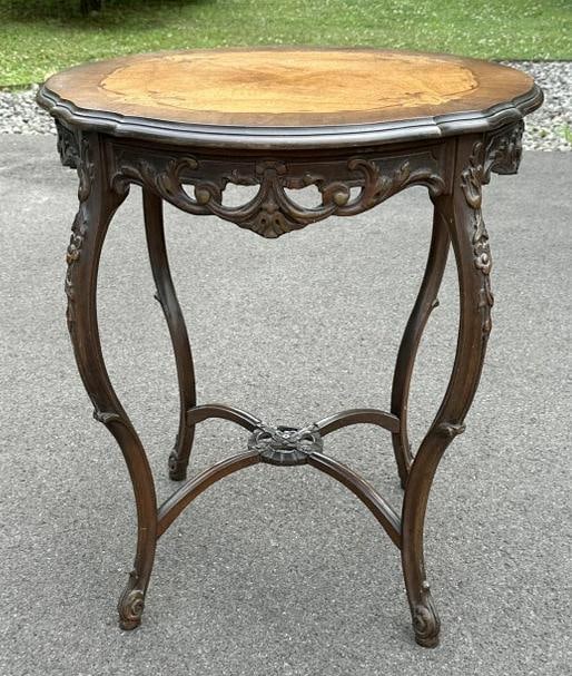 Nice 1920's inlaid walnut stand, structurally sound, nice form, from local estate. Wonderful inlay (1 of 3)