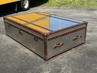 Oversized stainless trunk coffee table with drawers on ends, from nice estate in Hudson Valley and
