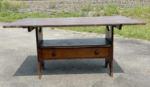 19th c Hudson Valley hutch table in old finish, structurally sound, with one drawer on base,
