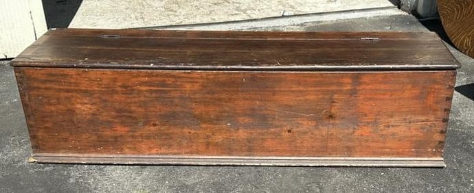 19th c pine dovetailed storage box, from Hudson Valley home, nice condition. Measures 61" long x 16"
