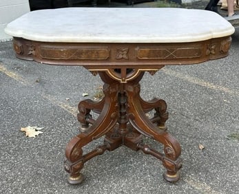 Wonderful Victorian large walnut marble top table, with decorative base, nice estate condition, from
