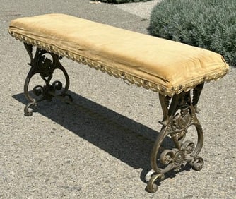 Nice circa 1920's iron base bench, with Man reading book in center of fancy legs, from Hudson Valley
