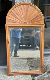 Nice pine decorative Sheraton style mirror, not antique, nice patina, with fan top, measures 39.5"