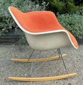 Herman Miller Eames rocking chair, marked on bottom as pictured. A few small light stains on Girrard