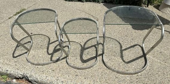 Mid Century chrome nest of side tables with glass tops, some rust of chrome finish, just as we found