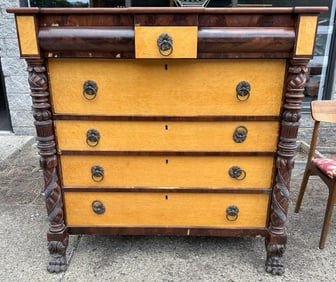 Federal chest of drawers, birds eye maple and mahogany, nice old finish, a few small veneer chips,