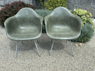 Herman Miller vintage pair of Eames fiberglass green chairs, from local estate, nice overall