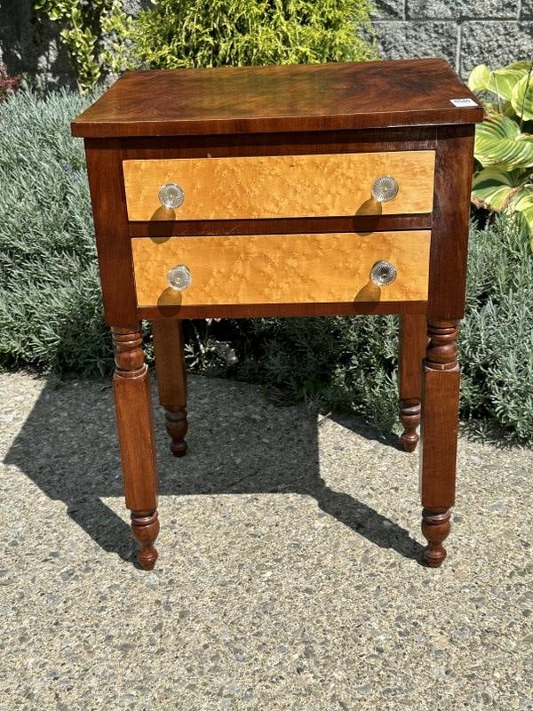 Country (2) drawer mahogany and birds eye maple stand, has New York leg, structurally sound, from (1 of 3)