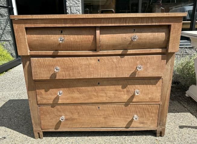 Early country American tiger maple chest of drawers, some loose trim that needs to be glued back, (1 of 3)