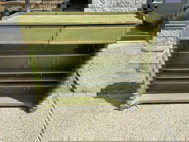 Nice green painted country console table, with (2) drawers, shelves underneath, with old decorative