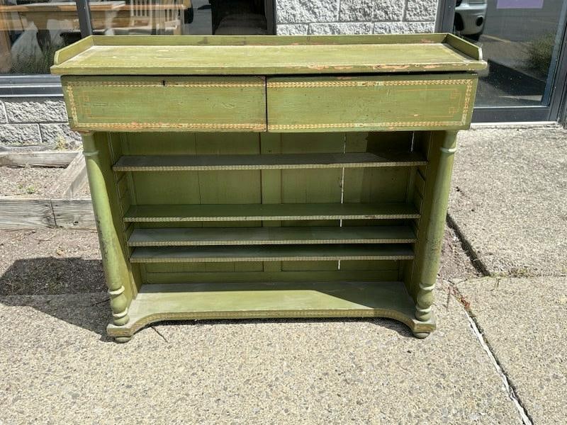 Nice green painted country console table, with (2) drawers, shelves underneath, with old decorative (1 of 3)