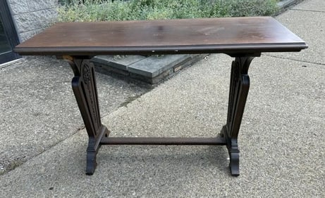 1930's scroll leg mahogany console or library table, from local estate, great form, structurally