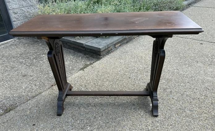 1930's scroll leg mahogany console or library table, from local estate, great form, structurally (1 of 2)