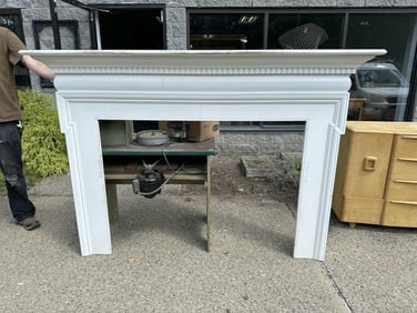Painted white Colonial style pine mantel, cut out hole on top board as pictured. From local estate,