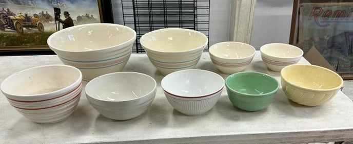 (9) country bowls,including nest of (4) matching, nice estate condition. Good lot for dealer to sort