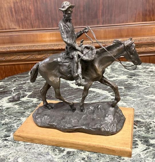 C M Russell bronze of cowboy on horse, very nice patina, on wood base added later, measures 9.5" (1 of 4)