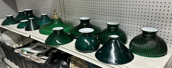 (13) older and some more contemporary green glass shades, from estate of old time antique dealer,: (13) older and some more contemporary green glass shades, from estate of old time antique dealer, nice overall condition, various sizes, great lot for dealer or lamp dealer….