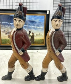 Pr. HESSIAN SOLDIER andirons, nice older paint, from Hudson Valley estate, nice condition, measure