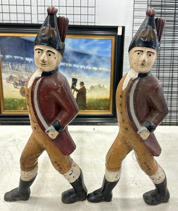 Pr. HESSIAN SOLDIER andirons, nice older paint, from Hudson Valley estate, nice condition, measure (1 of 3)