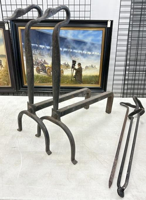 Wonderful pair of early duck head iron andirons, with (2) fireplace tools, from Hudson Valley (1 of 4)